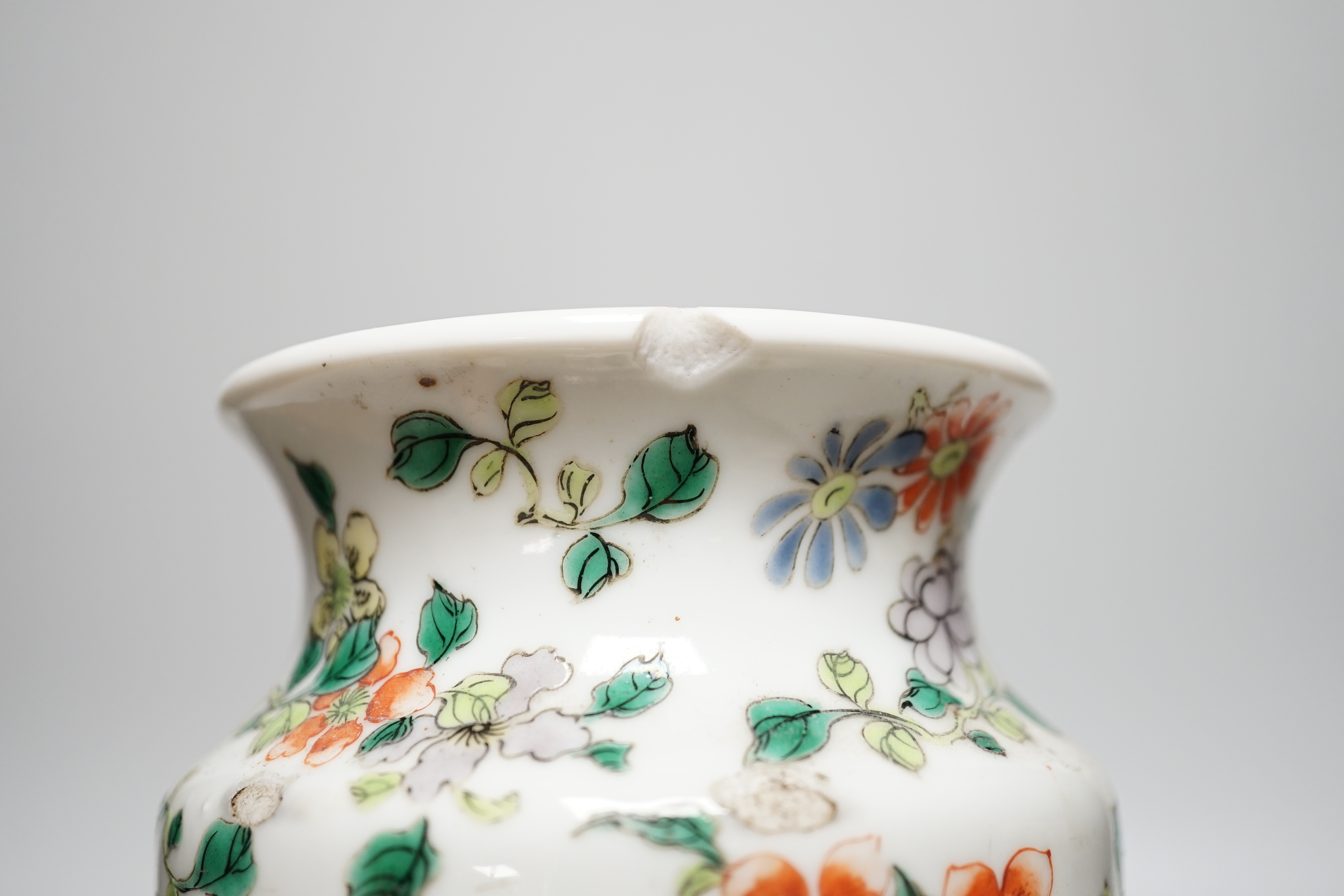 Early 20th century Chinese sleeve vase hand painted in the famille verte palette with birds and flowers, 30cm high
